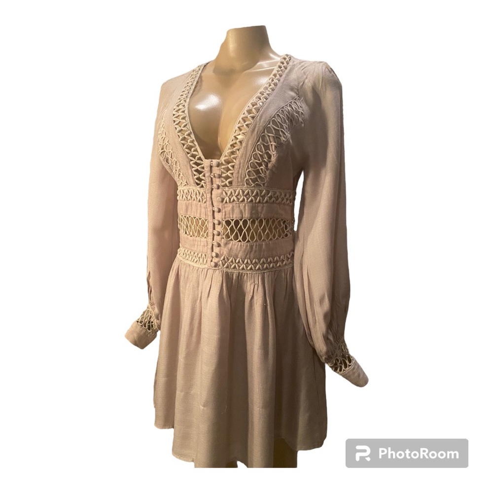 Free people tan mini cocktail dress womens size: 4 long sleeve